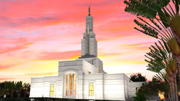 Accra Ghana LDS Temple with pink and yellow sunset in the background