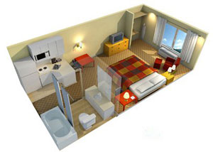 Layout rendering of a small, studio apartment